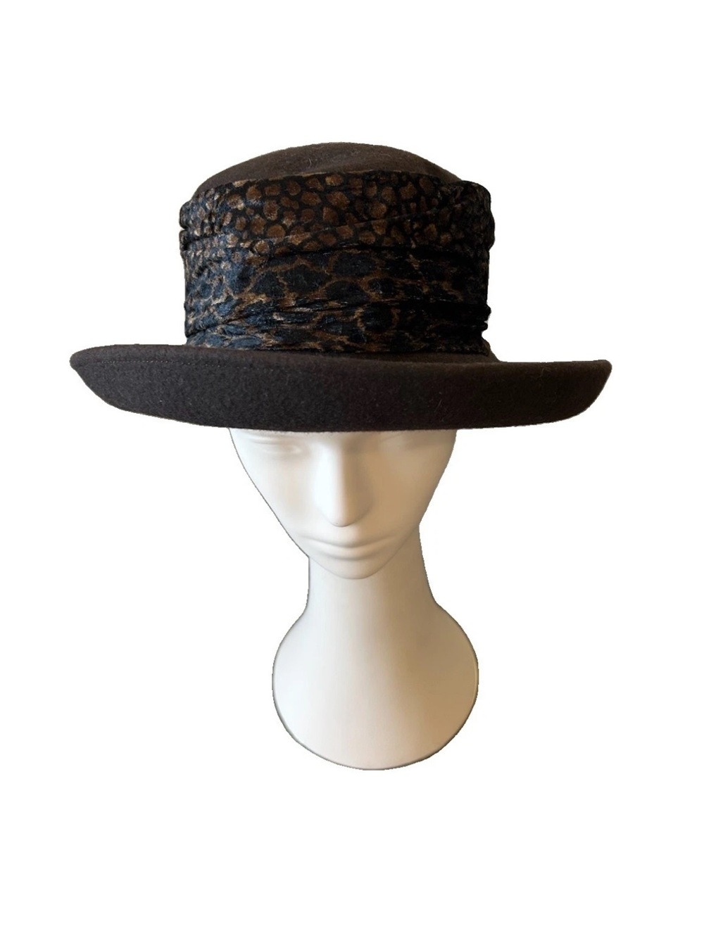 Vintage Deborah New York Brown Wool Felt Hat Leopard Velvet Church Derby